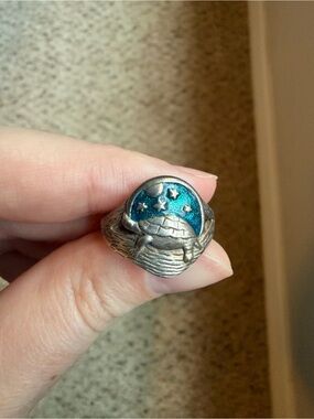 Vintage Sterling Silver Turtle Ring with Teal Enamel Celestial Night Scene